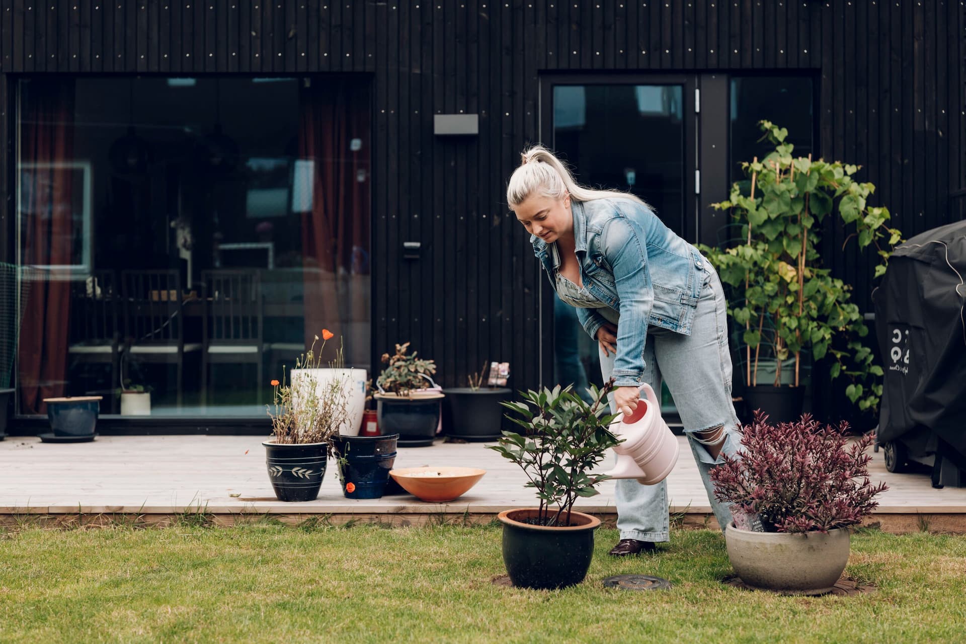 En kvinne vanner blomster i hagen til et borettslag
