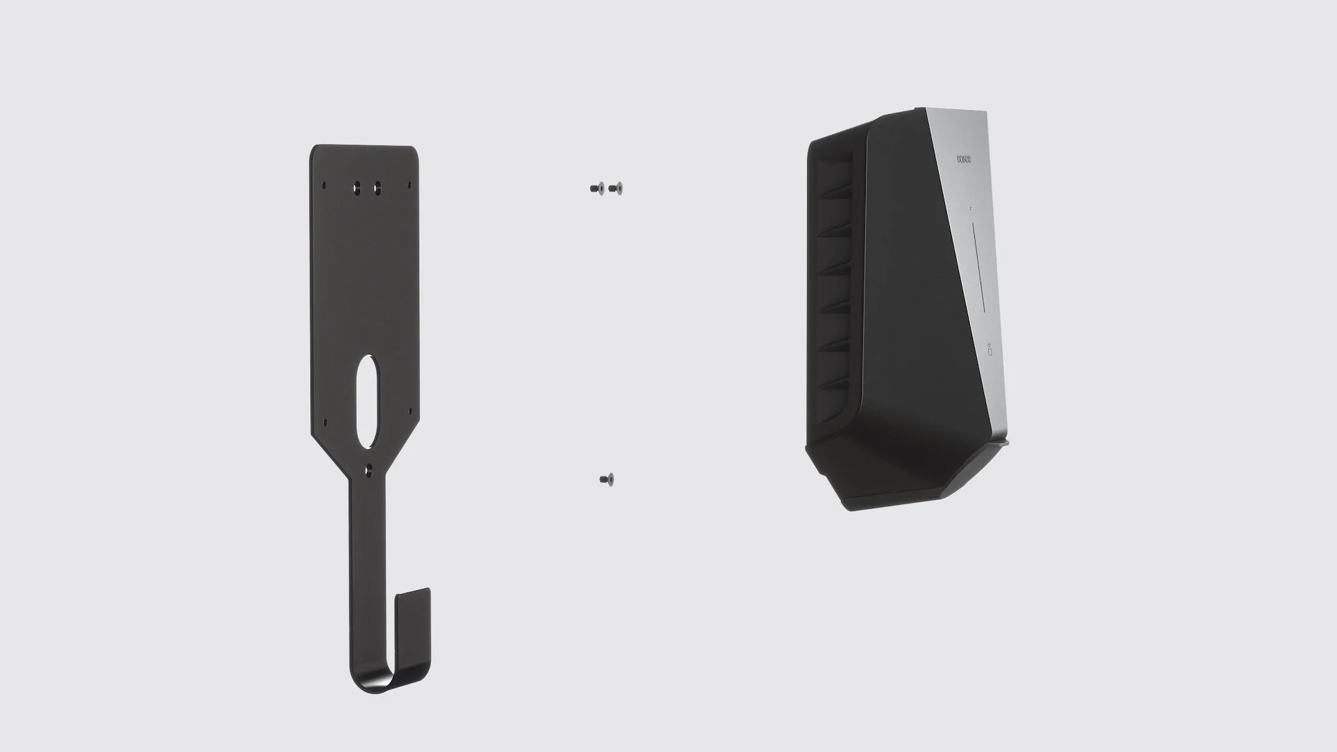 Exploding view of the Easee Mount. Three screws on a plate with a hook