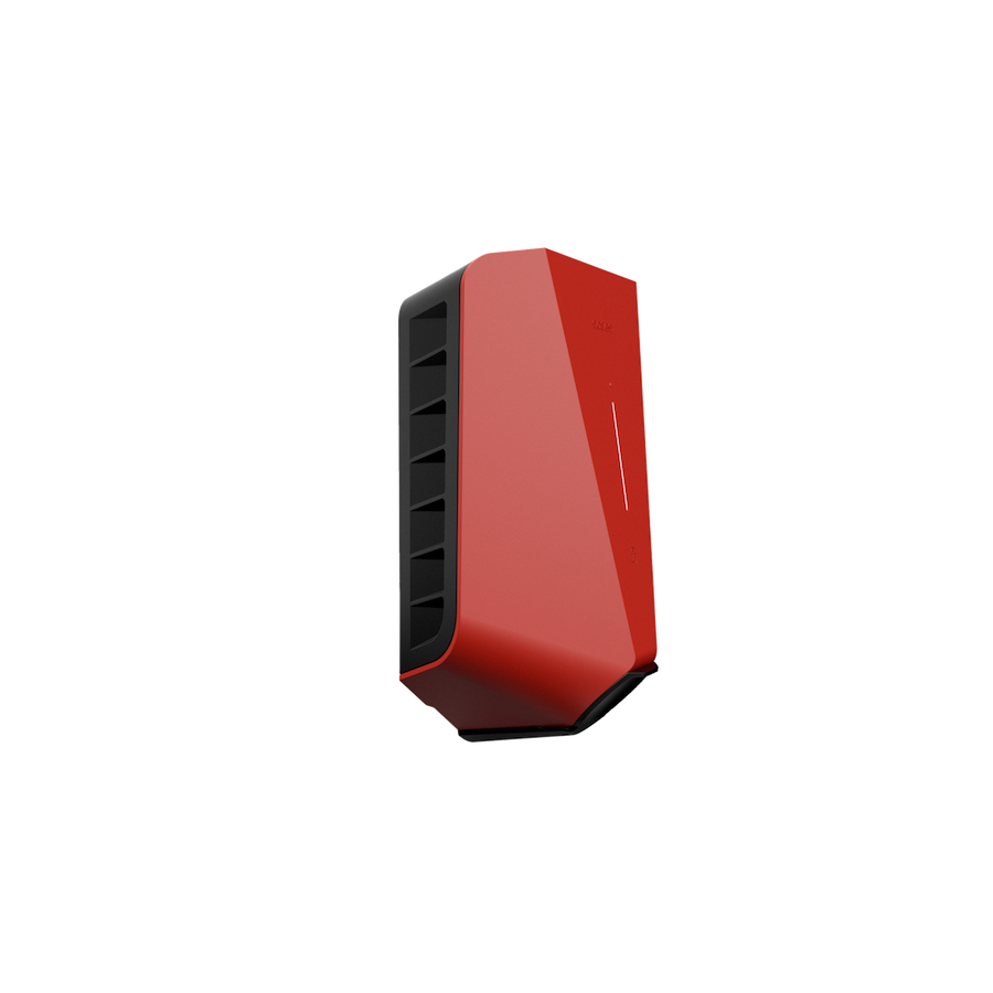 Red electric car charger seen from the side