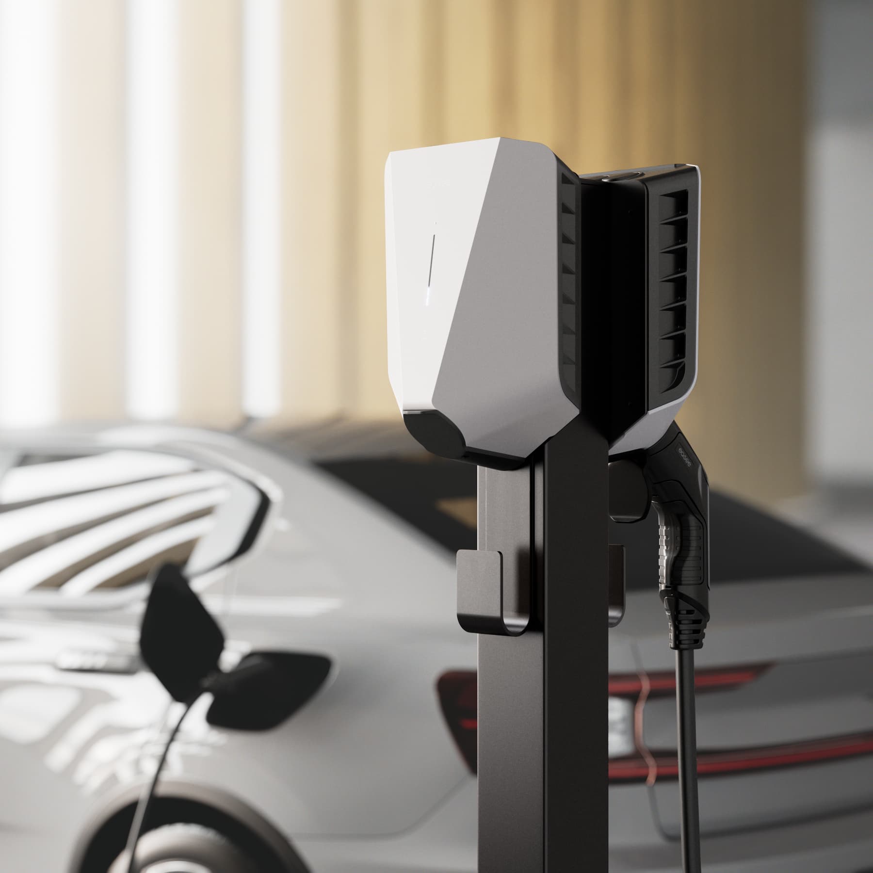 White electric car and charger in MDU