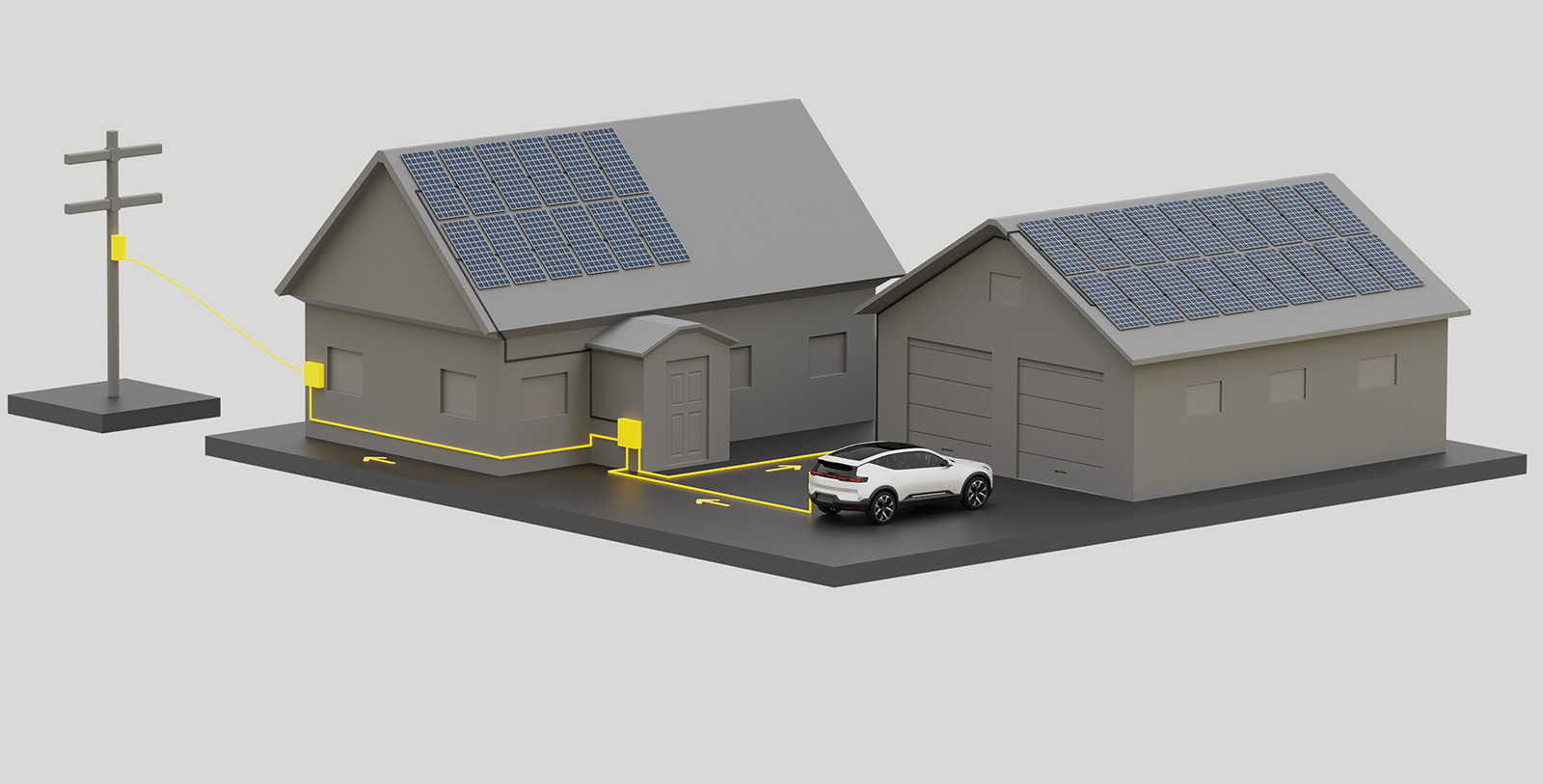 Illustration of EV, power grid and a house using V2G bidirectional technology