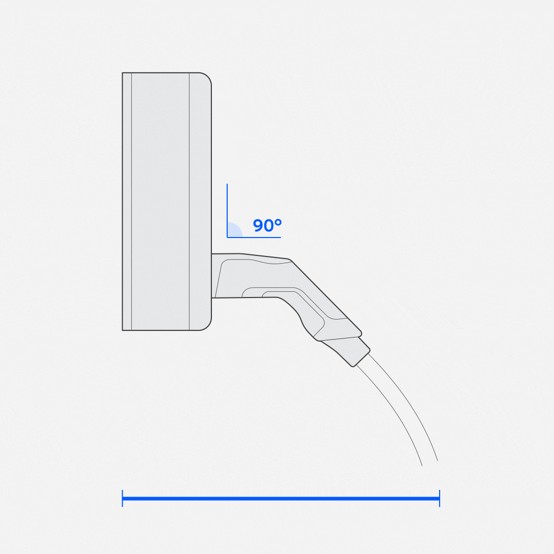 The charging box has a 45-degree angle on the charging cable, to save space