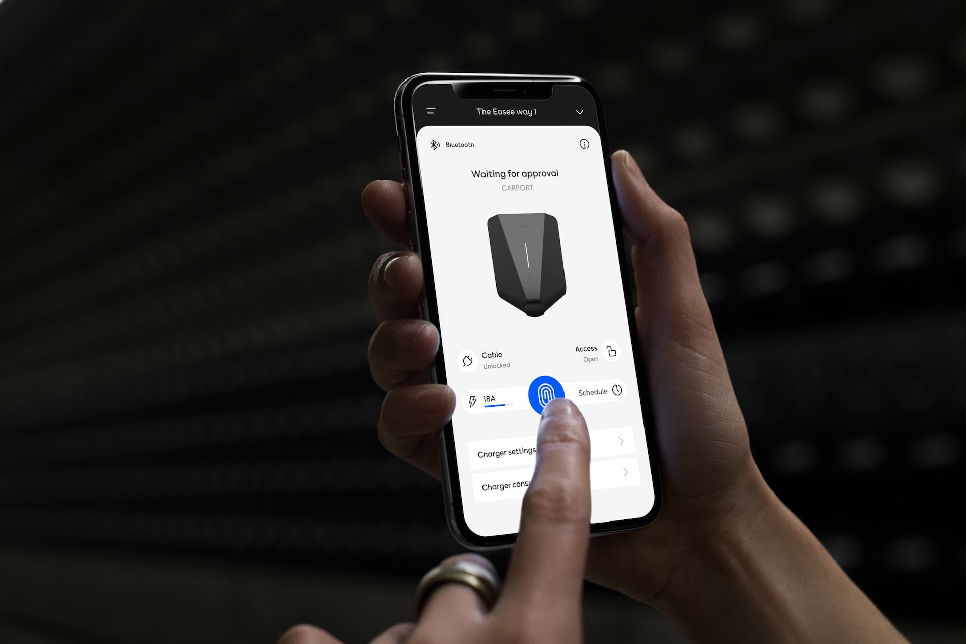 The Easee App on a mobile phone, showing an Easee charger connecting to Bluetooth