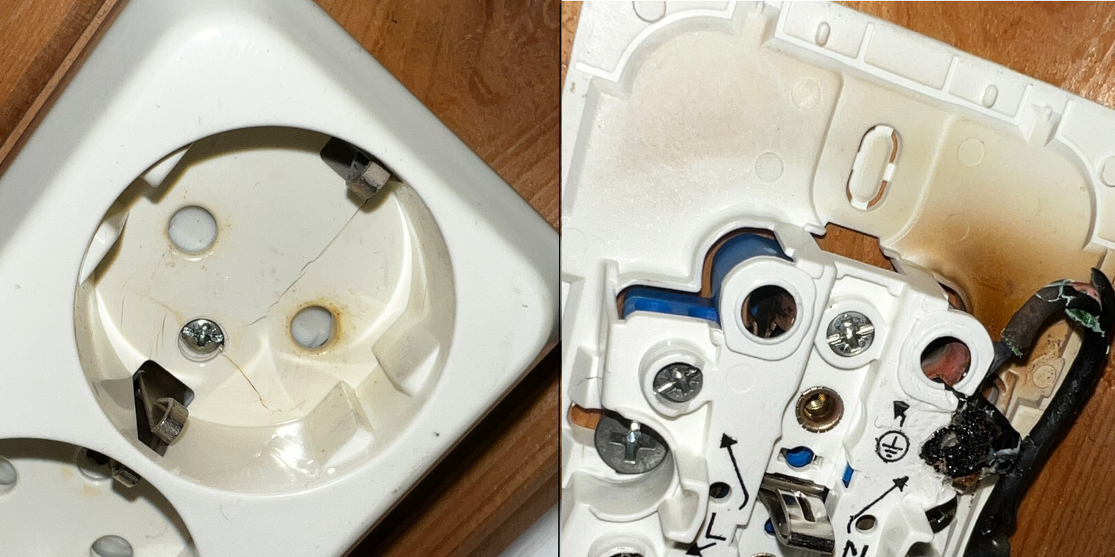 Two pictures side by side. Left one showing an electrical outlet with a small burn mark, right one showing the inside, revealing that it's melted